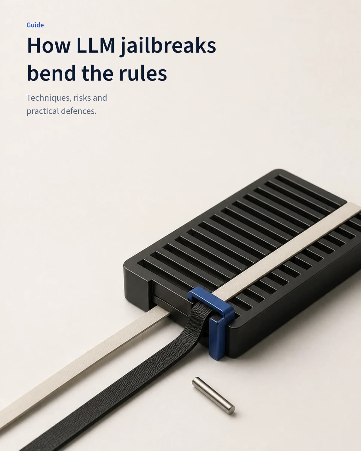 Cream and dark instruction strips take different routes through a slatted model enclosure, with a cobalt clamp closing the side gap