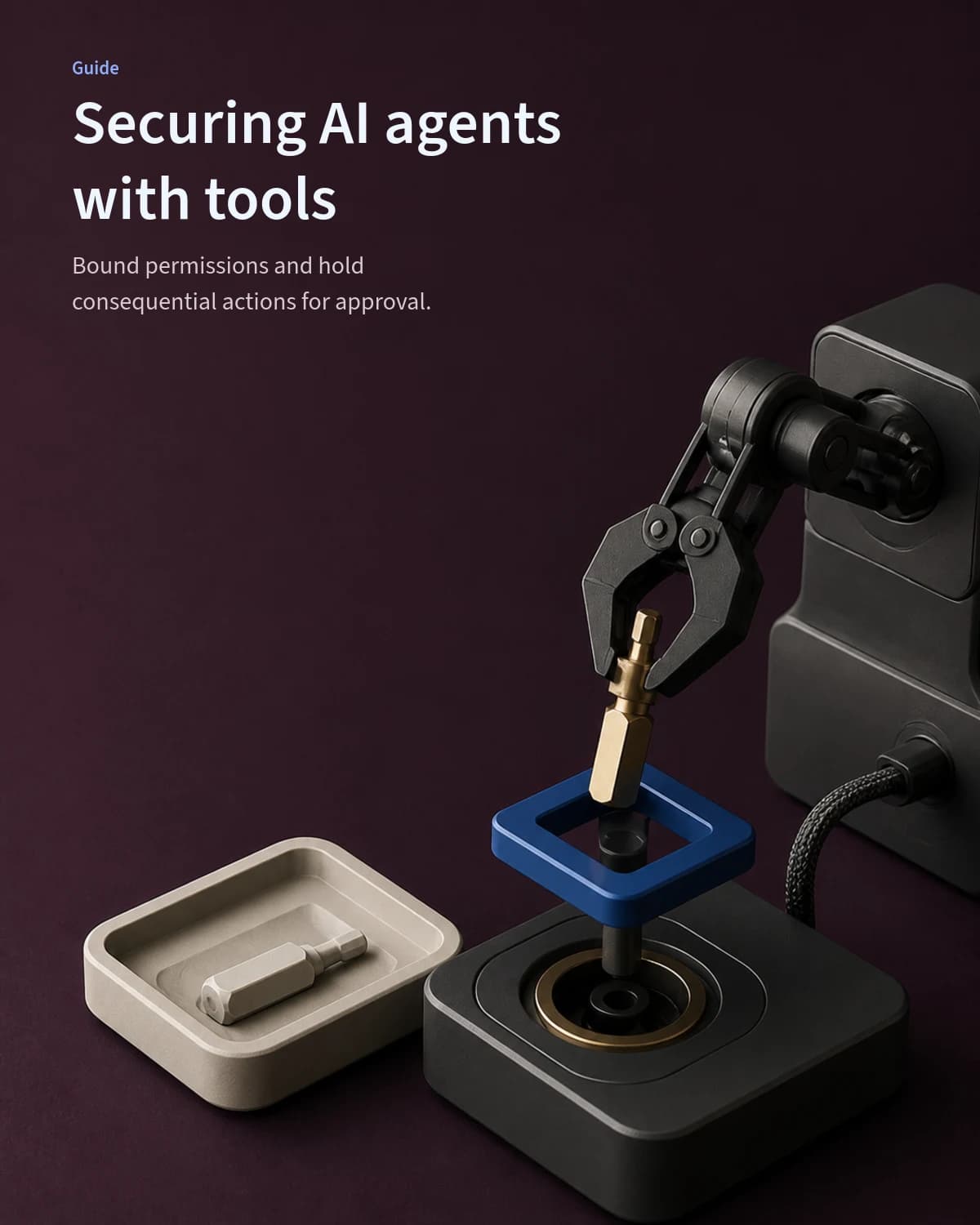 A graphite agent gripper holds a brass tool above a cobalt approval boundary beside an already permitted low-risk tool
